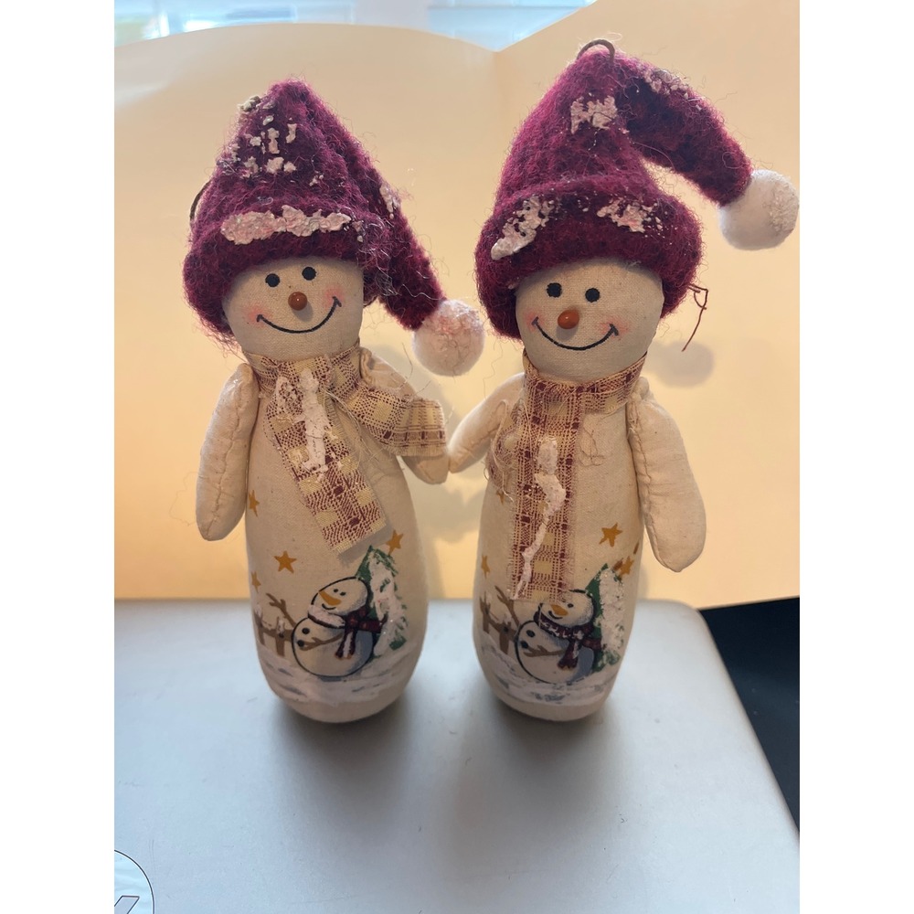 Vintage Primitive Stuffed Snowman Ornaments Burgundy Knit Hat Set of 2 7in